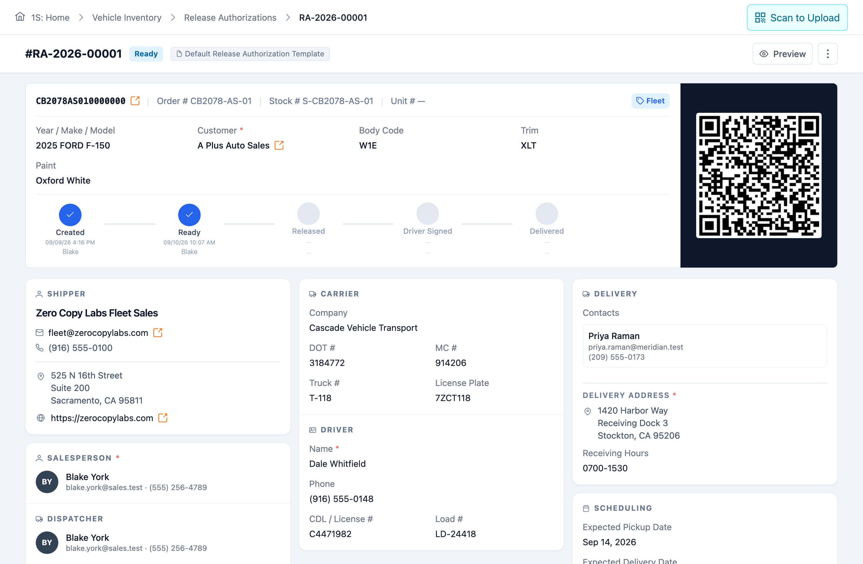 Carbotic release authorization RA-2026-00001 for a 2025 Ford F-150: a custody rail running Created, Ready, Released, Driver Signed, Delivered, beside carrier, driver and delivery cards and a QR code for signing at the dock.